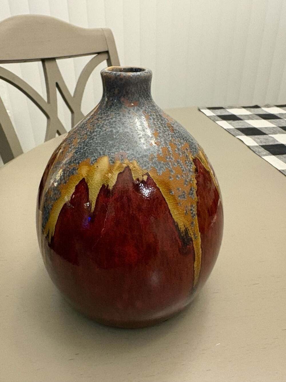 Studio Art Pottery Drip Glaze Ceramic Vase Red Blue Earth Tone